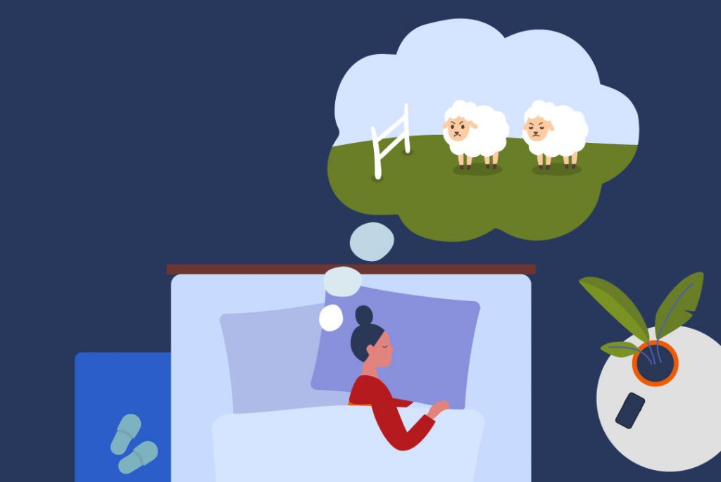 woman almost asleep, sheep are not jumping over the fence in her dream