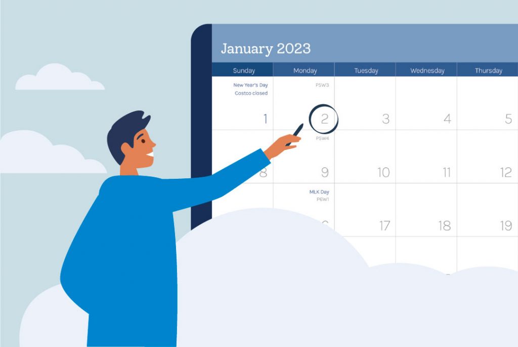 person pointing to a circled day on a calendar